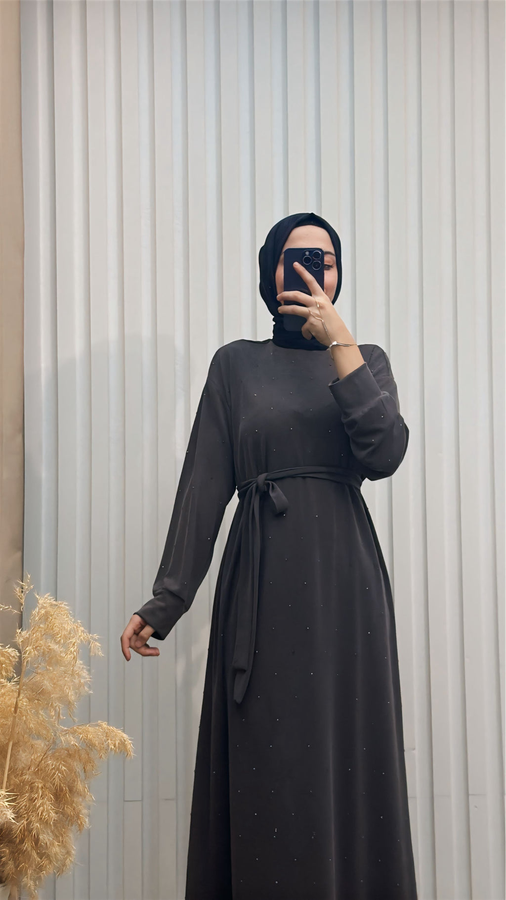 İnci Detaylı Kuşaklı Tesettür Elbise