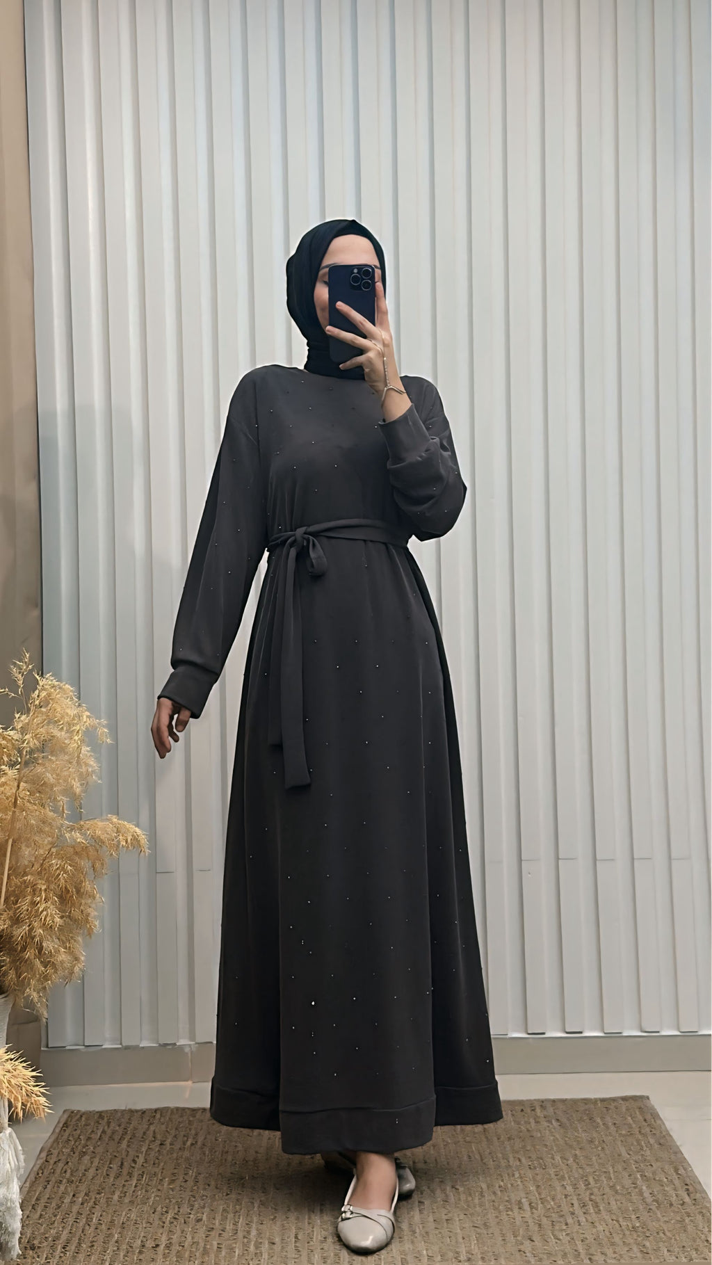 İnci Detaylı Kuşaklı Tesettür Elbise