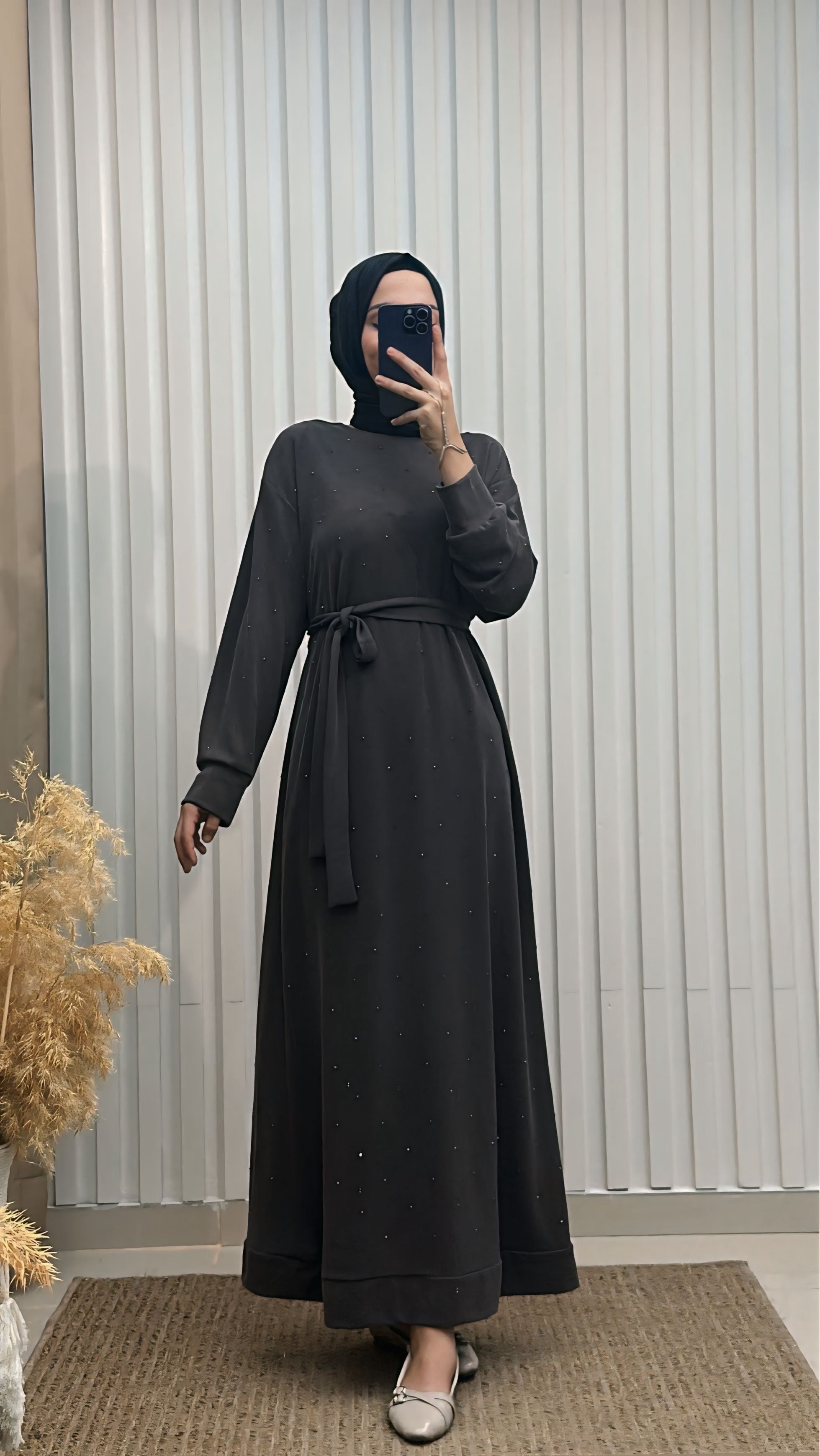 İnci Detaylı Kuşaklı Tesettür Elbise