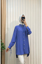 Kol Ucu Bağcıklı Yaka Taşlı Arkası Uzun Çizgili Tunik