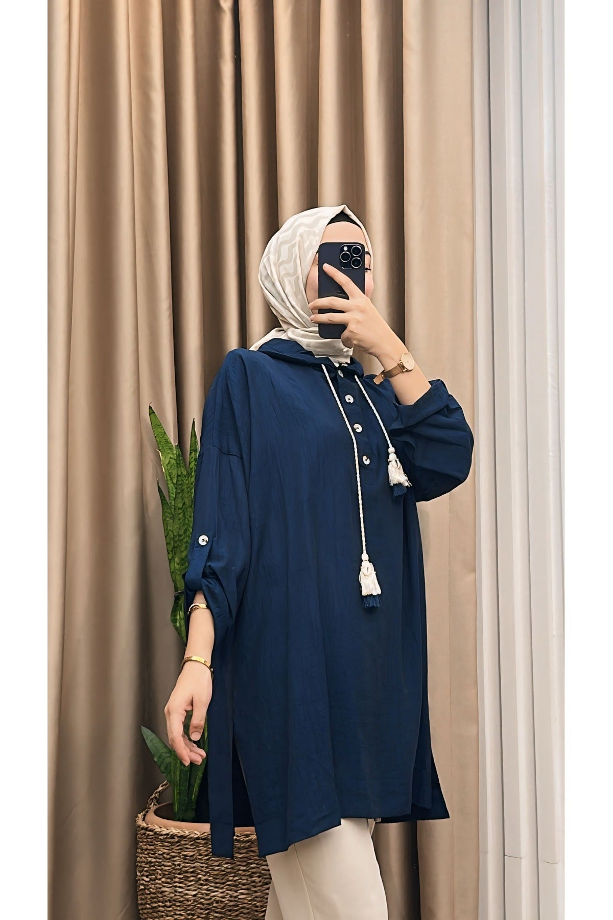 Ön Düğmeli Kapşonlu Oversize Tunik