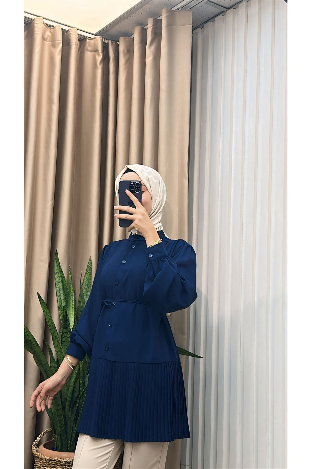 Ön Düğmeli Pliseli Tunik