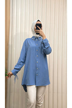 Kol Ucu Bağcıklı Yaka Taşlı Arkası Uzun Çizgili Tunik