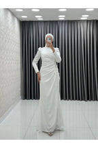 Dikine Şeritli Bel Drapeli Kuyruklu Saten Abiye