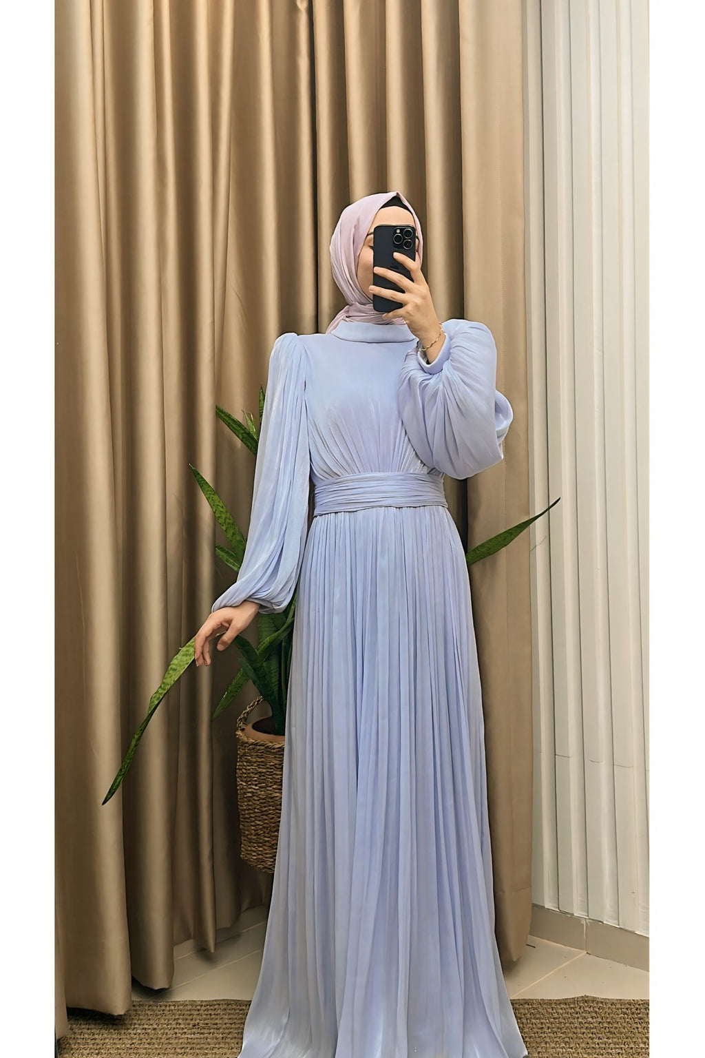 Balon Kol Ve Bel Pileli Saten Tül Abiye