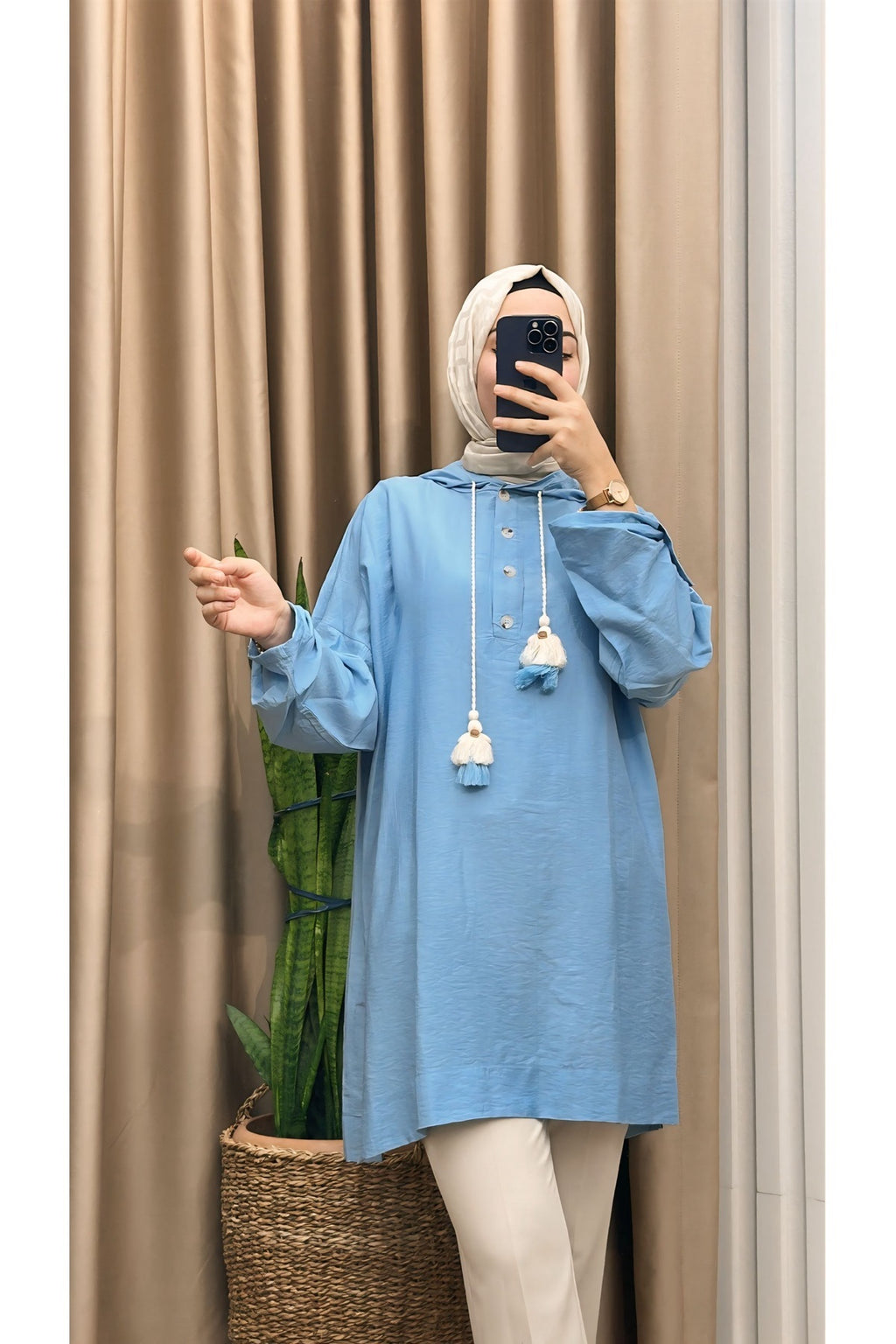 Ön Düğmeli Kapşonlu Oversize Tunik