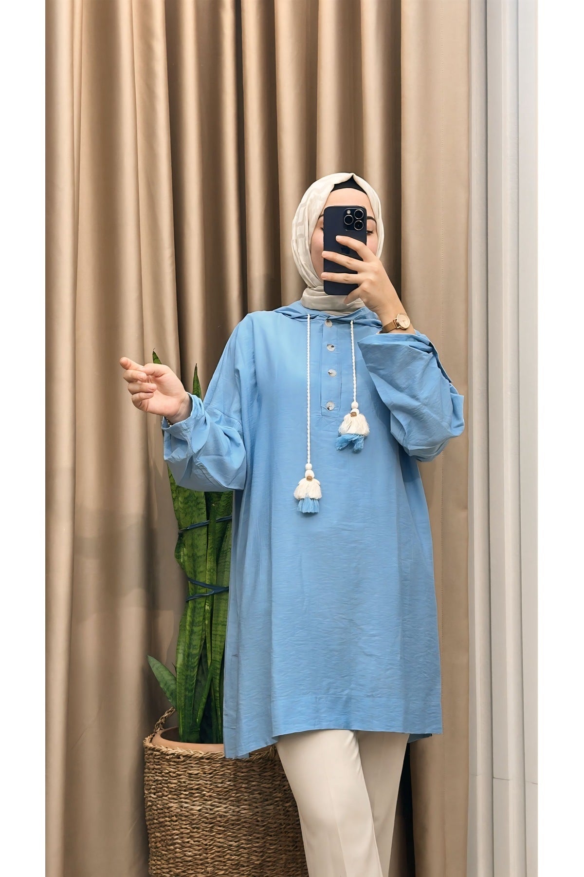 Ön Düğmeli Kapşonlu Oversize Tunik