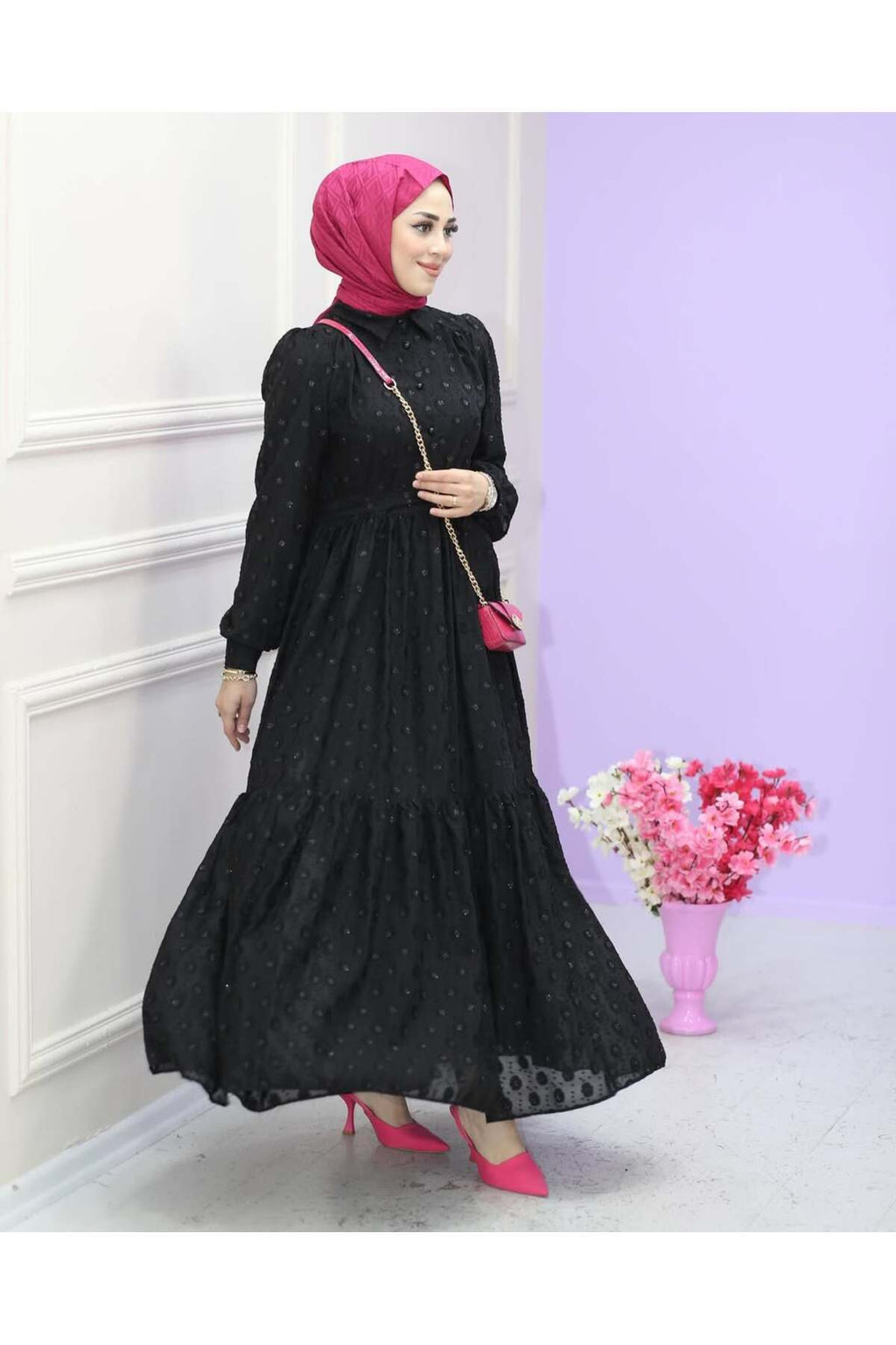 İnci Düğmeli Pullu Puantiyeli Astarı Çıkarılabilir Elbise