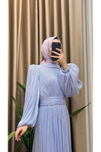 Balon Kol Ve Bel Pileli Saten Tül Abiye