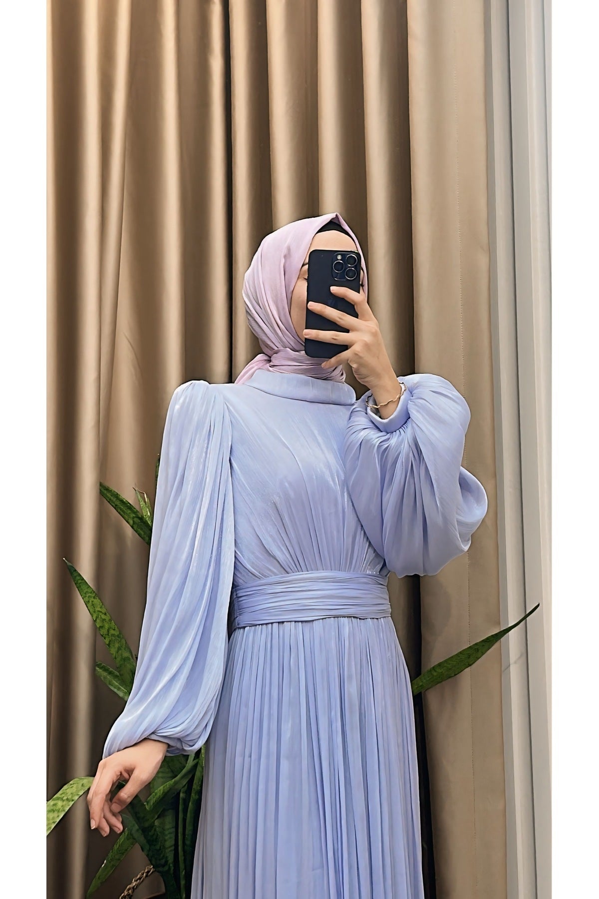 Balon Kol Ve Bel Pileli Saten Tül Abiye