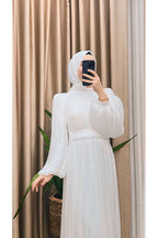 Balon Kol Ve Bel Pileli Saten Tül Abiye