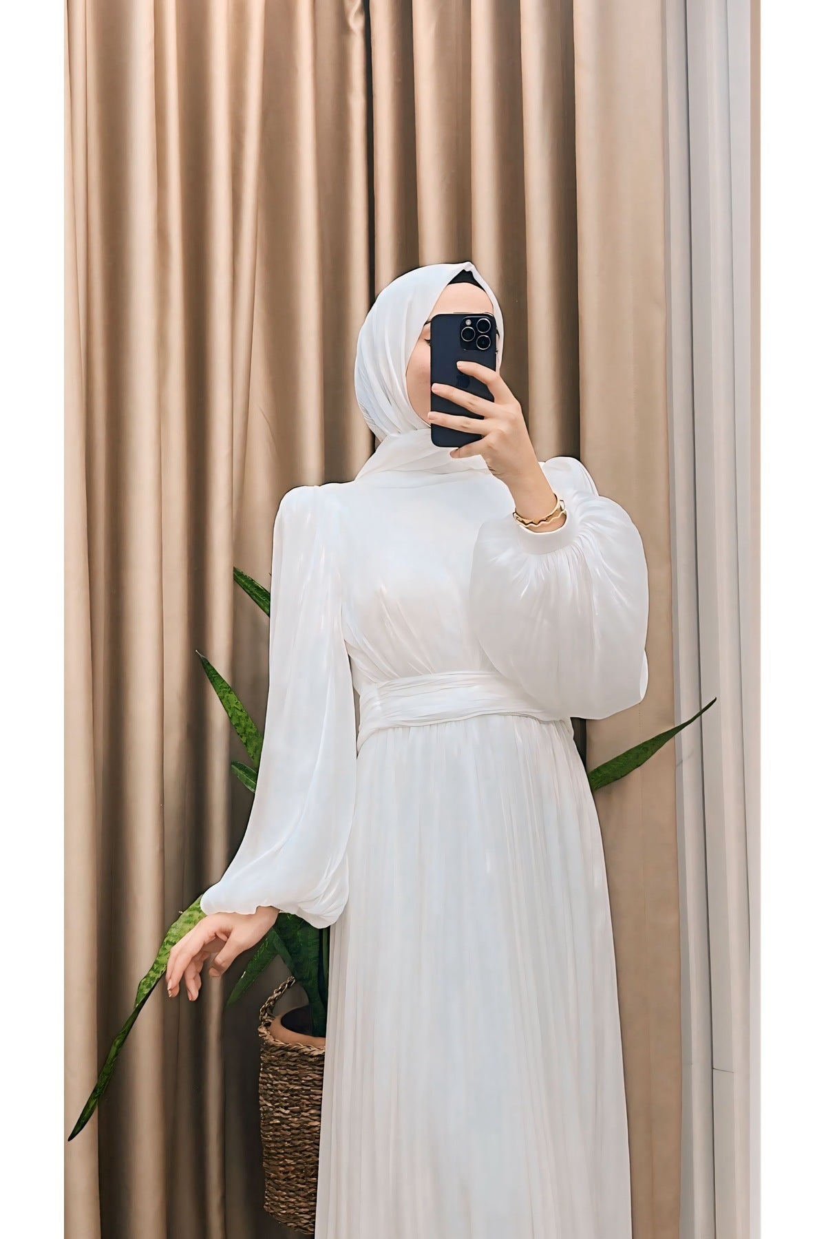 Balon Kol Ve Bel Pileli Saten Tül Abiye