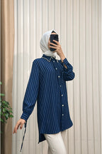 Kol Ucu Bağcıklı Yaka Taşlı Arkası Uzun Çizgili Tunik