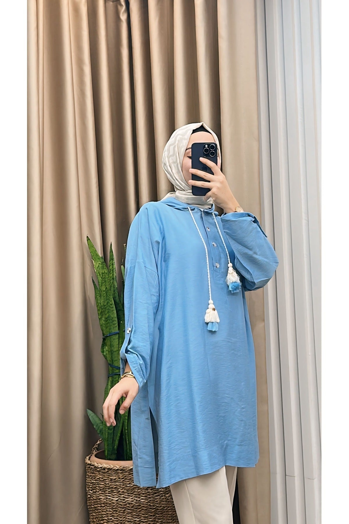 Ön Düğmeli Kapşonlu Oversize Tunik