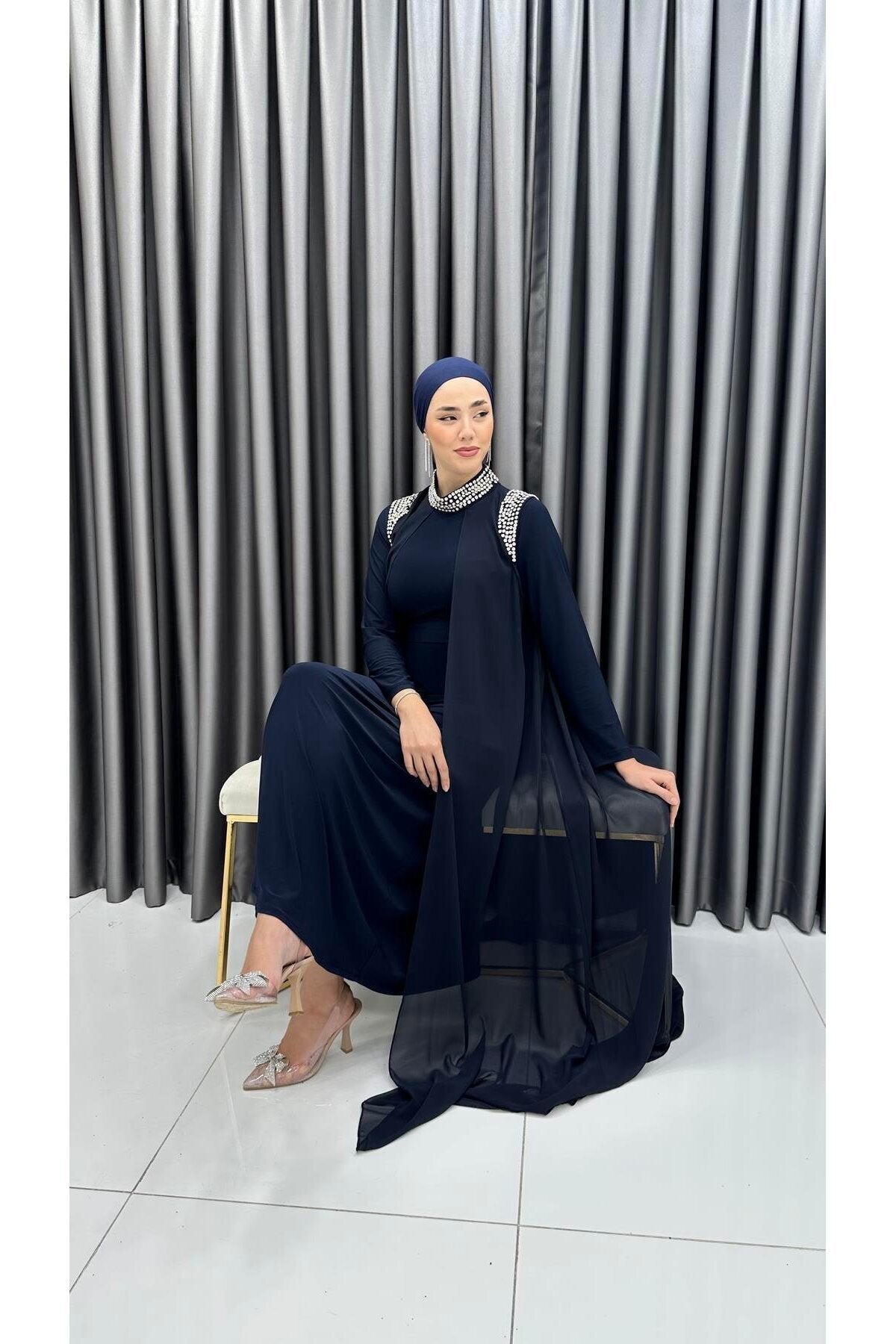 Taş ve Pelerin Detaylı Şifon Abiye