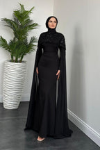 Üstü Boncuk İşlemeli Pelerinli Abiye