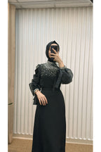 Kol Organze İnci İşlemeli Krep Abiye