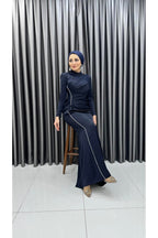 Dikine Şeritli Bel Drapeli Kuyruklu Saten Abiye