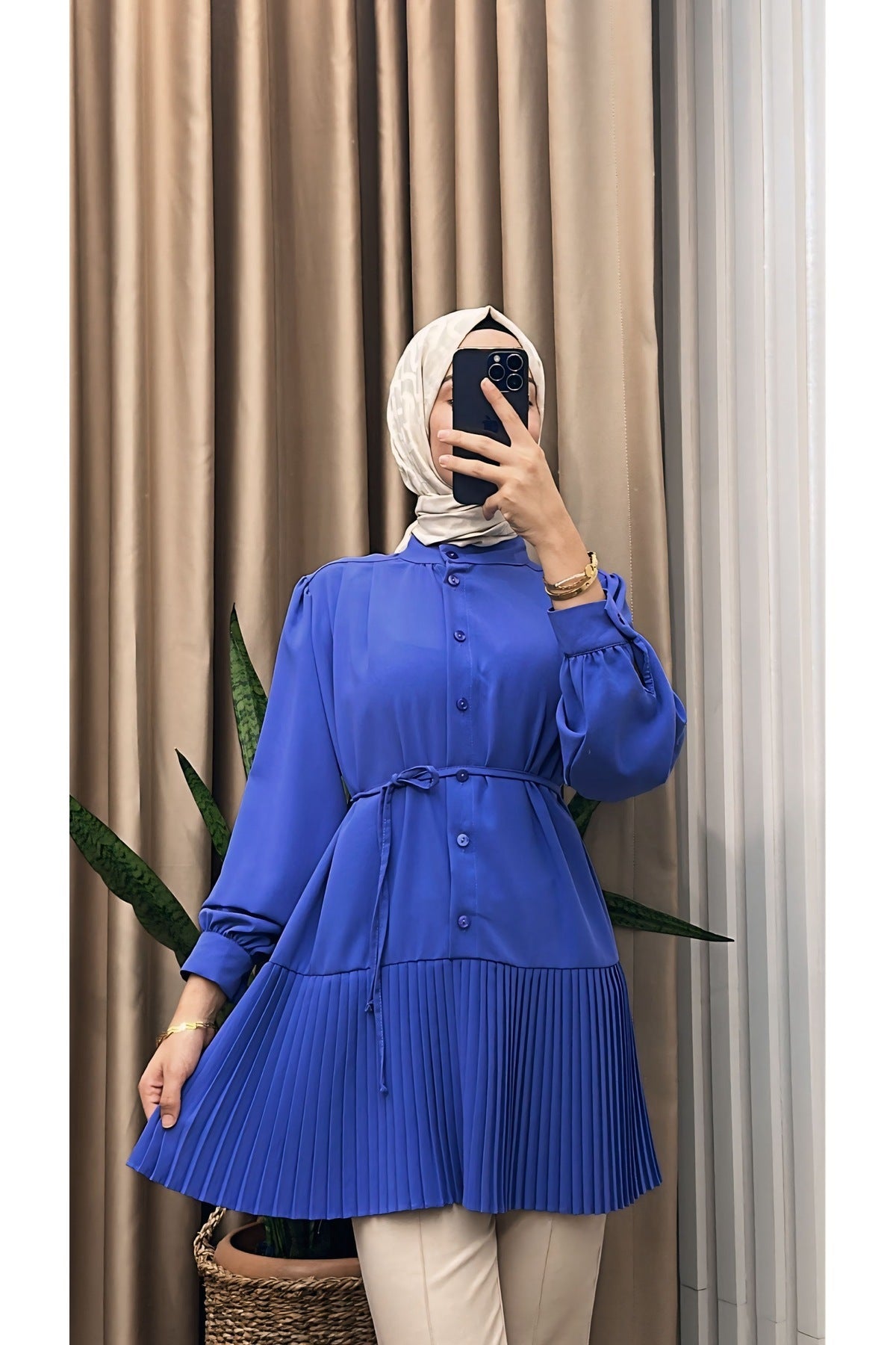 Ön Düğmeli Pliseli Tunik