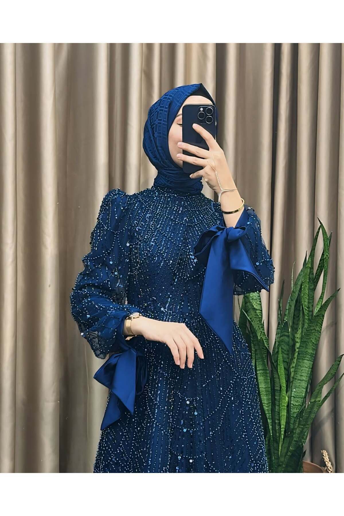 İnci Ve Pul İşemeli Kol Saten Bağlamalı Abiye