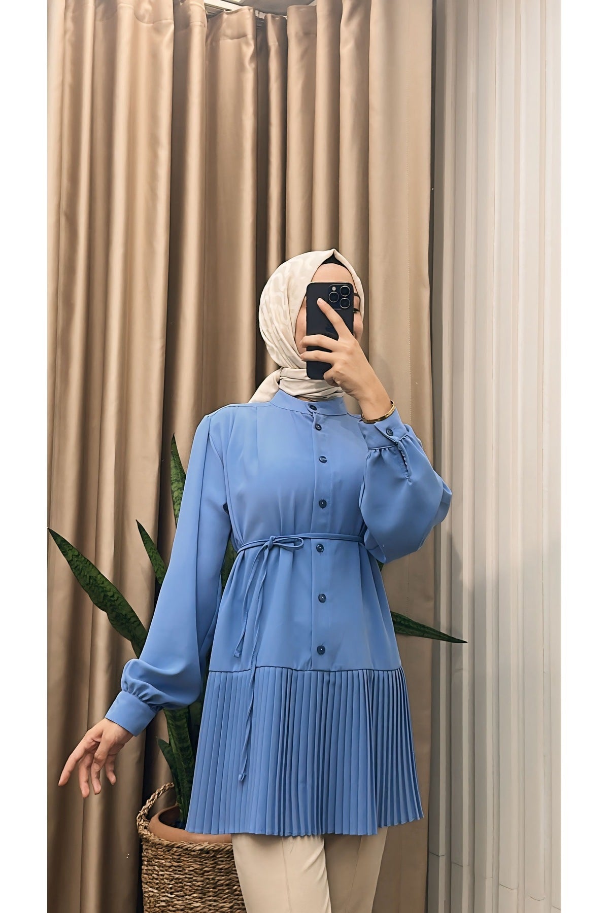 Ön Düğmeli Pliseli Tunik