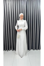 Kuyruklu Göğüs Drapeli Uzun Kol İncili Saten Abiye