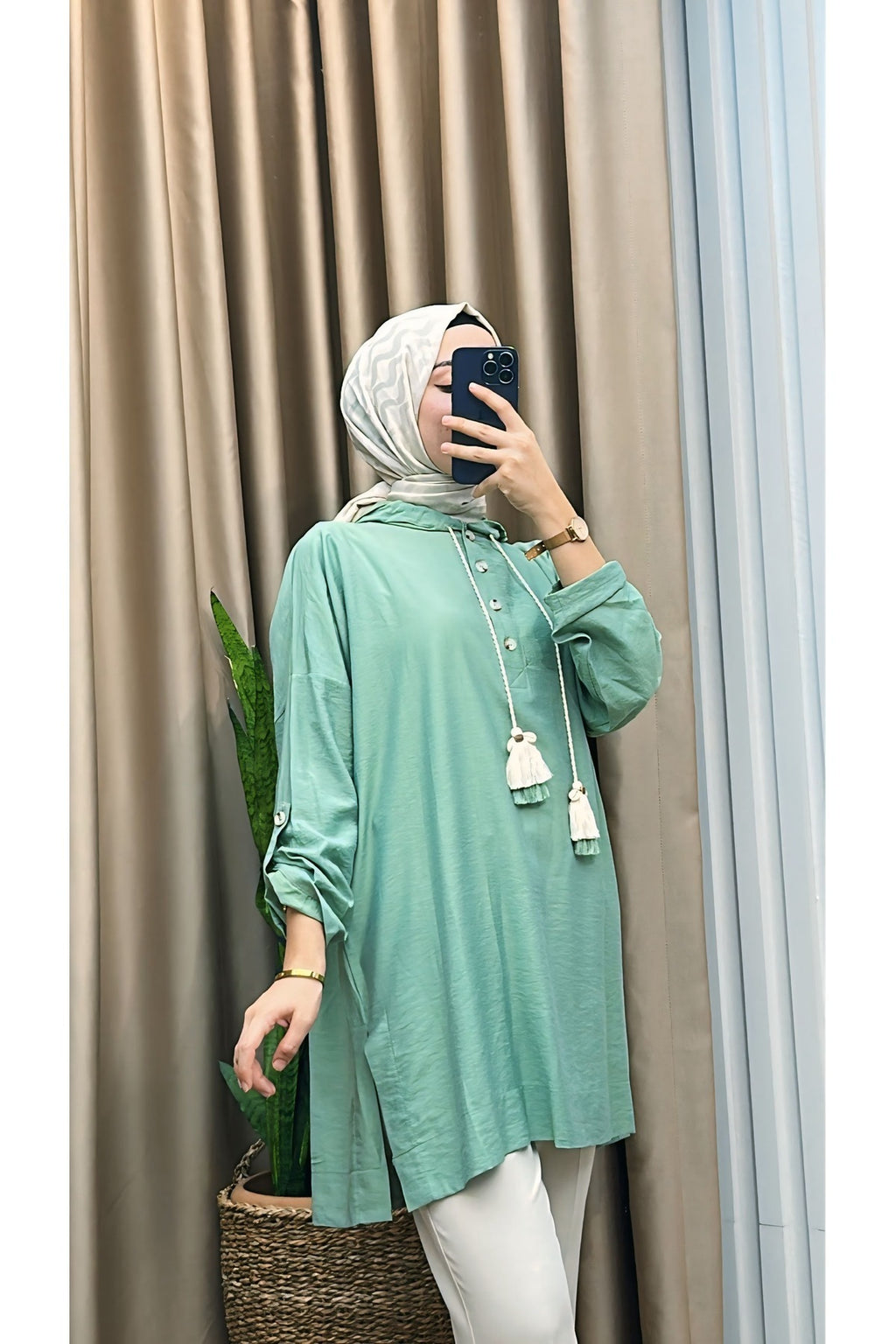 Ön Düğmeli Kapşonlu Oversize Tunik