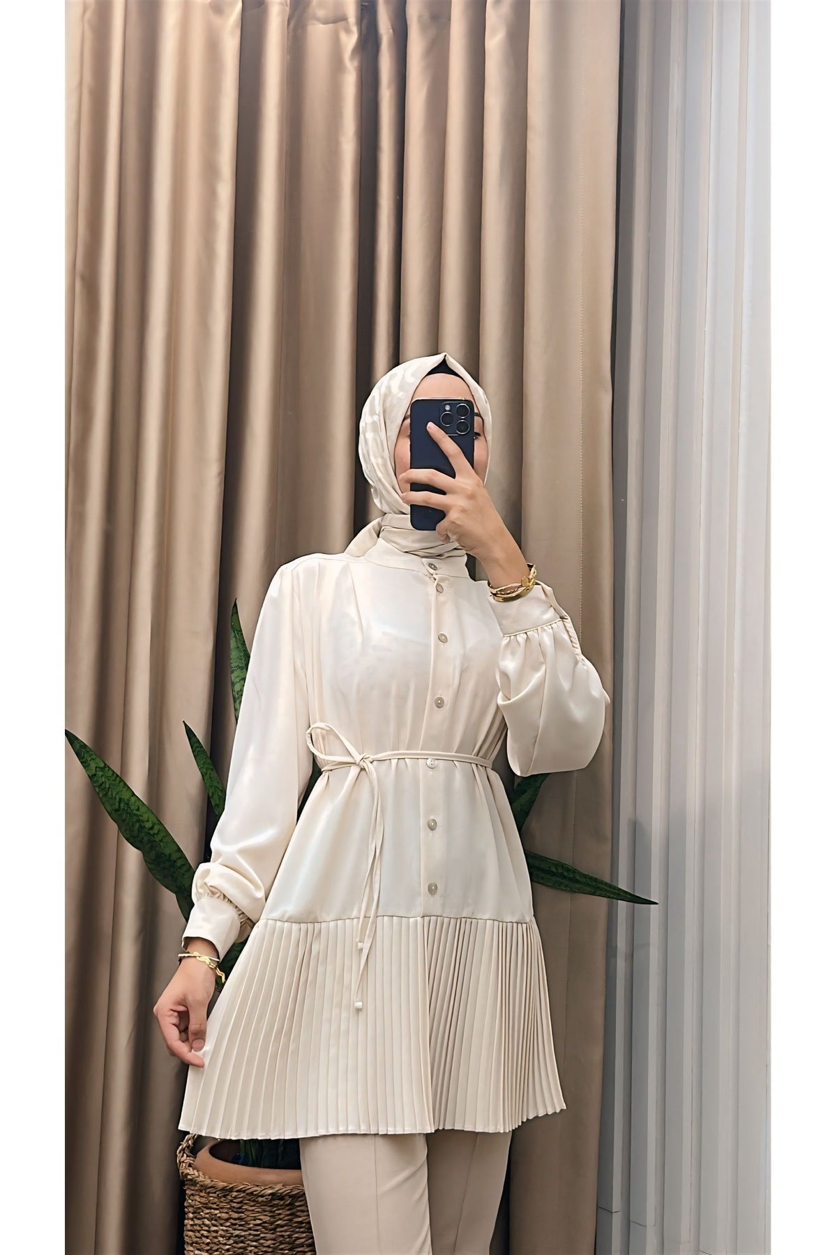 Ön Düğmeli Pliseli Tunik