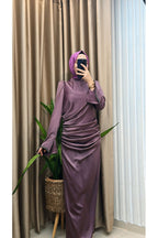 Kol Ucu Taşlı Ve Yırtmaçlı Bel Büzgü Saten Abiye