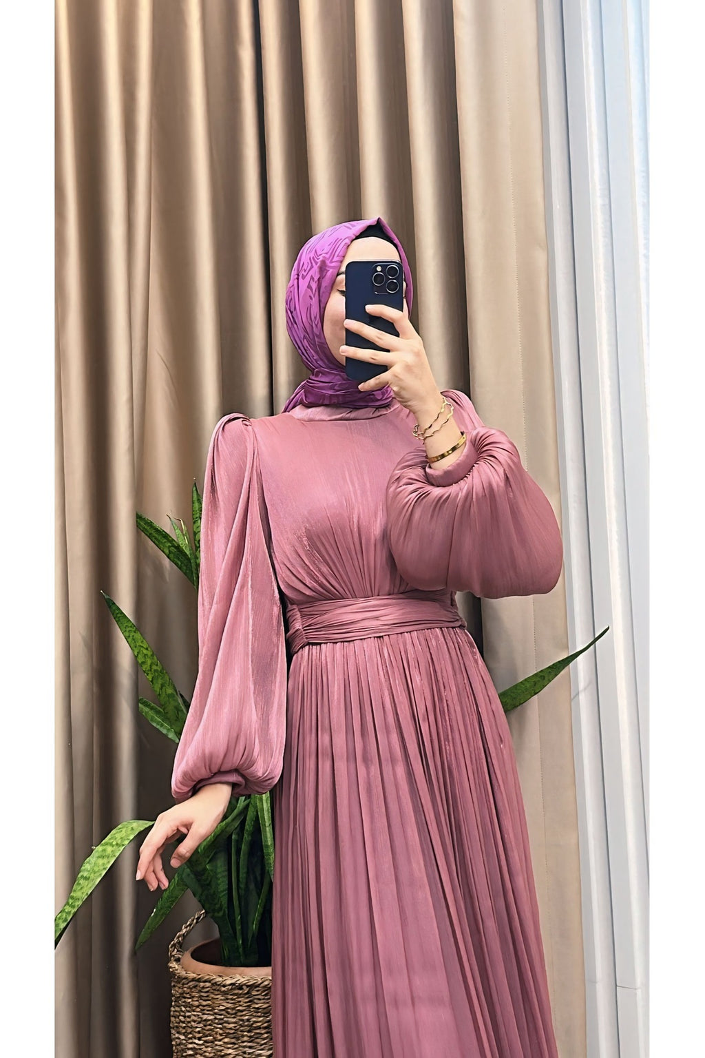 Balon Kol Ve Bel Pileli Saten Tül Abiye