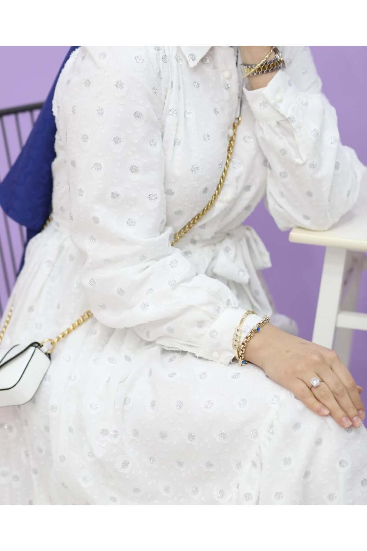 İnci Düğmeli Pullu Puantiyeli Astarı Çıkarılabilir Elbise