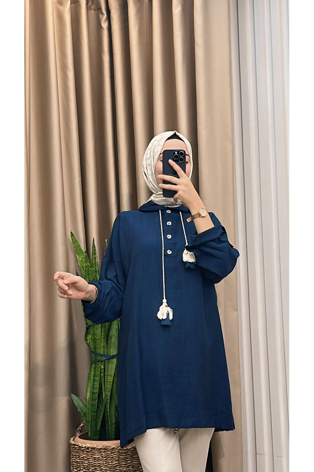 Ön Düğmeli Kapşonlu Oversize Tunik