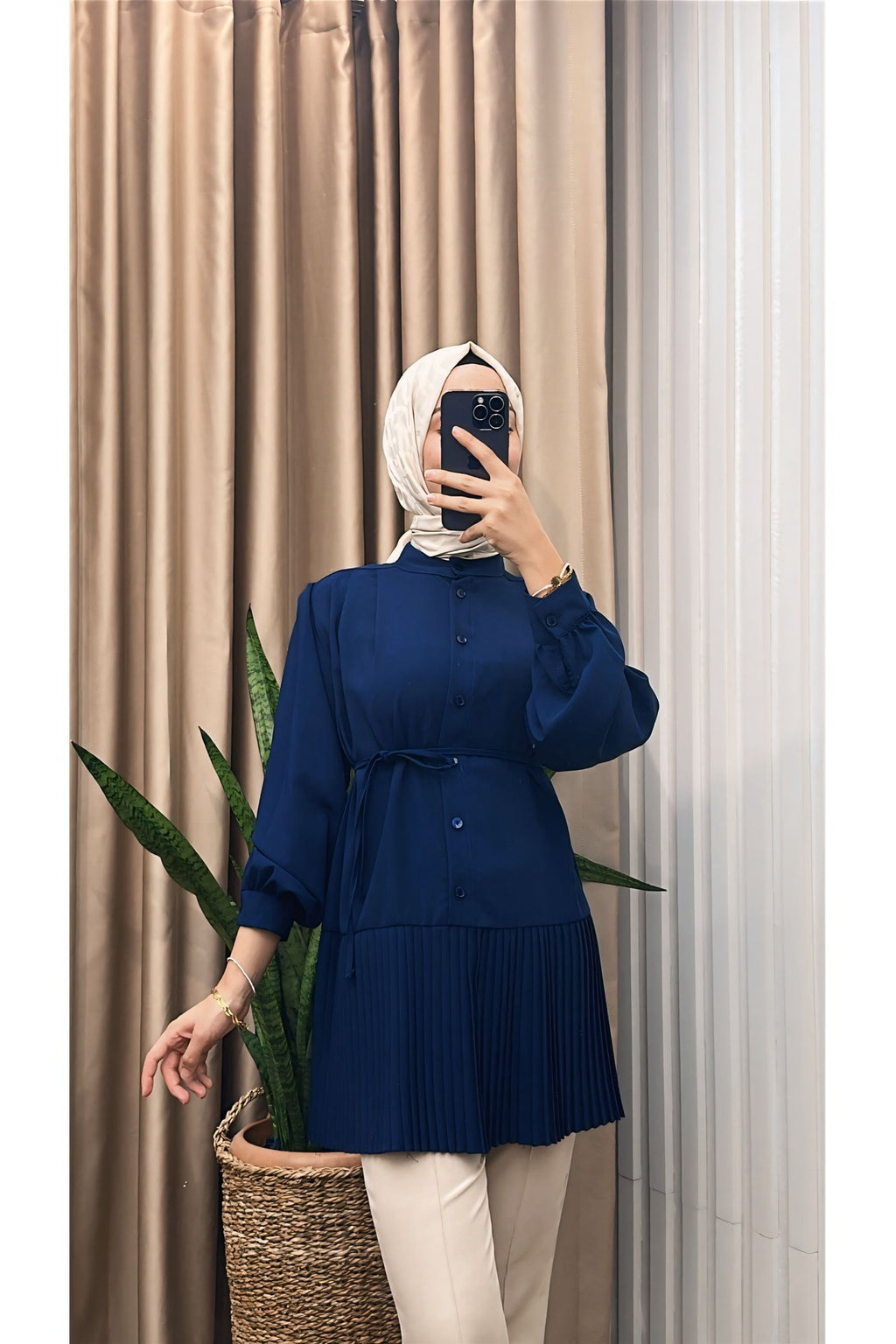 Ön Düğmeli Pliseli Tunik