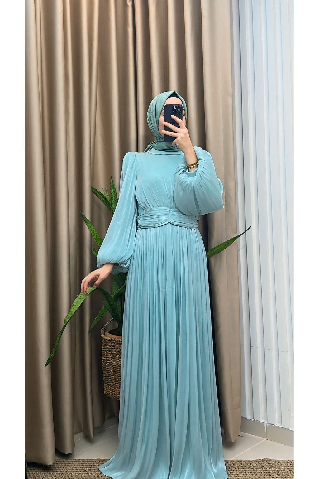 Balon Kol Ve Bel Pileli Saten Tül Abiye