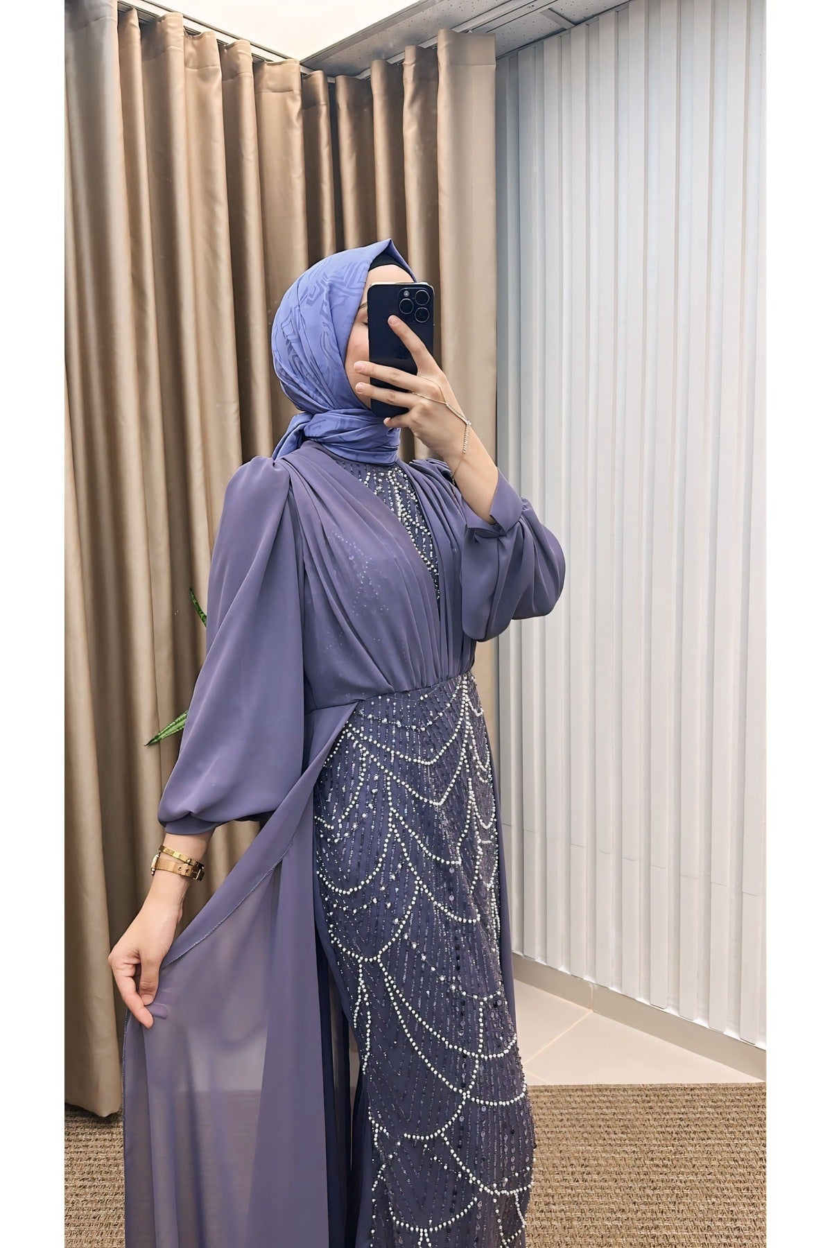 Pelerinli Taşlı Şifon Abiye