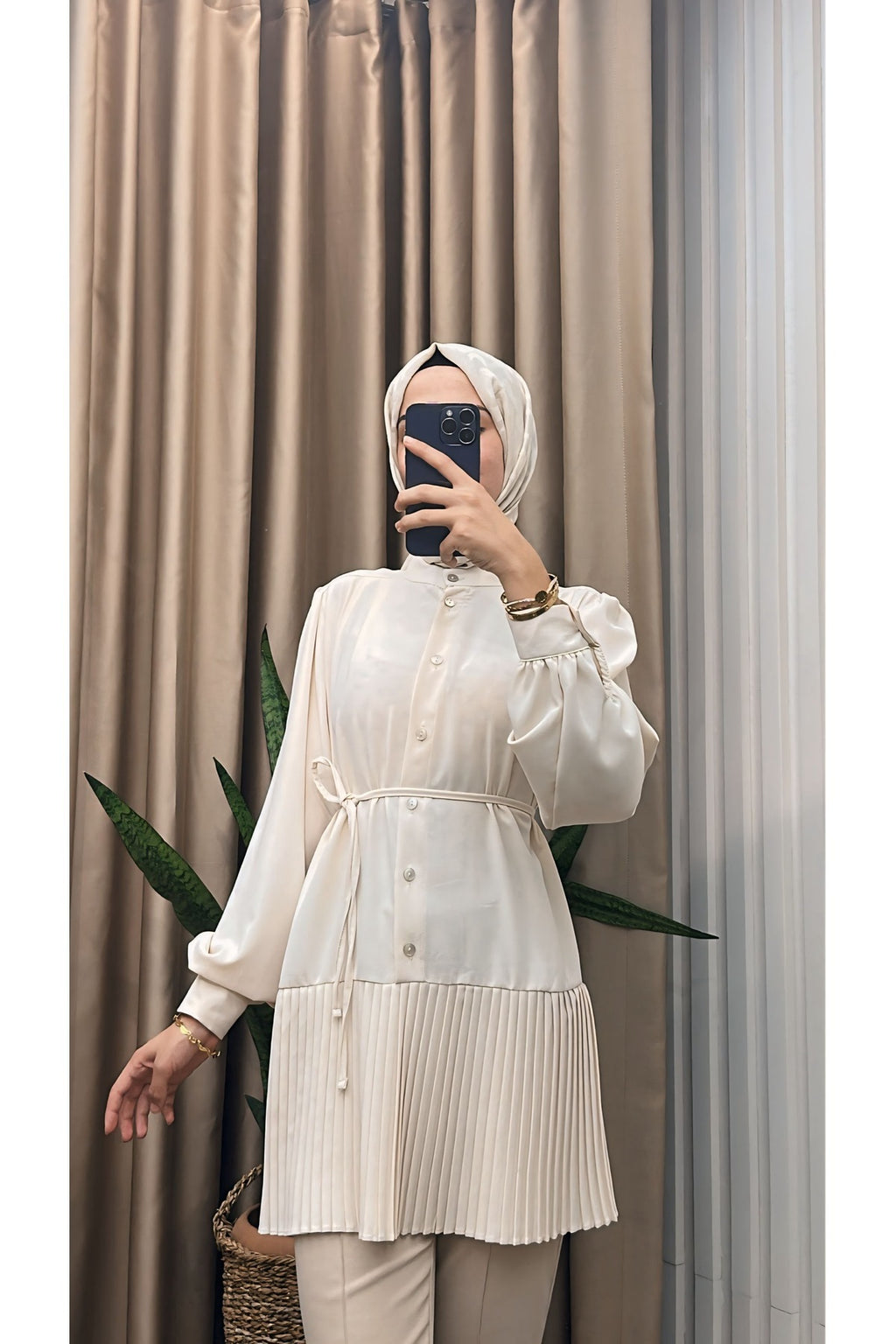 Ön Düğmeli Pliseli Tunik