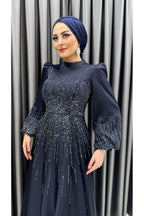 Cepli Boncuk İşlemeli Balon Kol İşlemeli Saten Tesettür Abiye