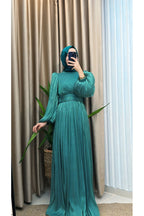 Balon Kol Ve Bel Pileli Saten Tül Abiye