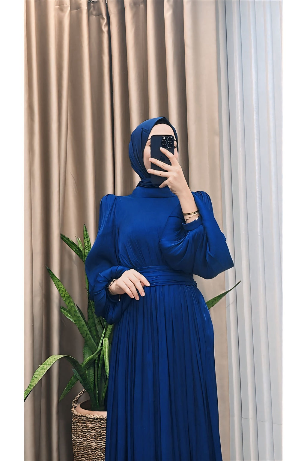 Balon Kol Ve Bel Pileli Saten Tül Abiye