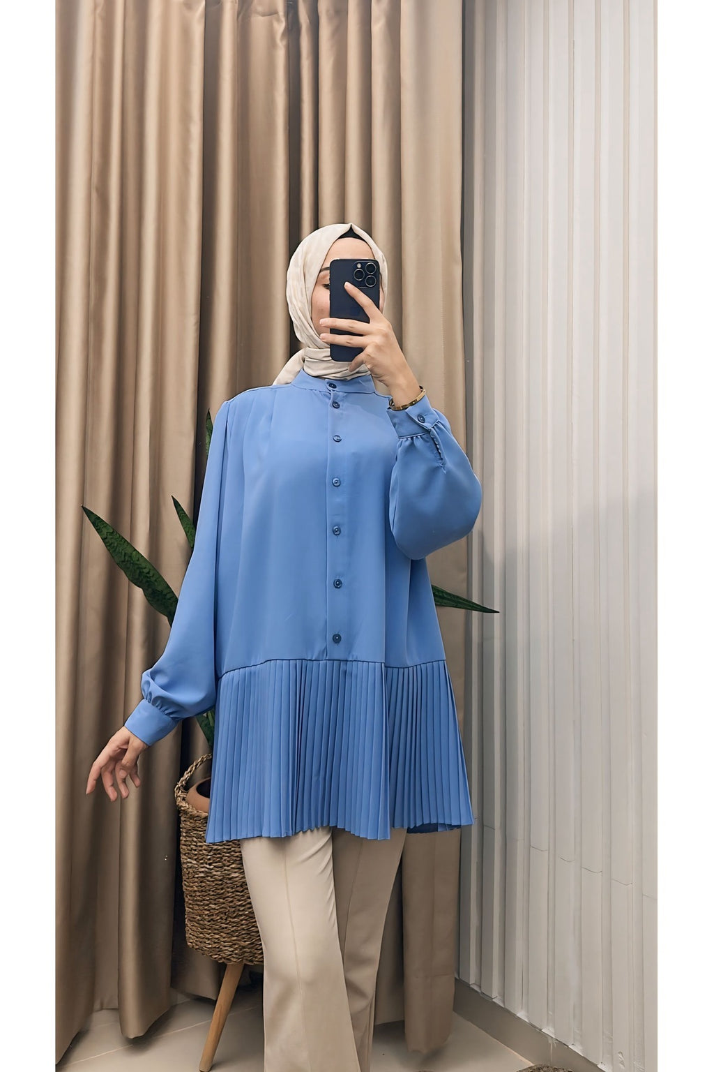 Ön Düğmeli Pliseli Tunik