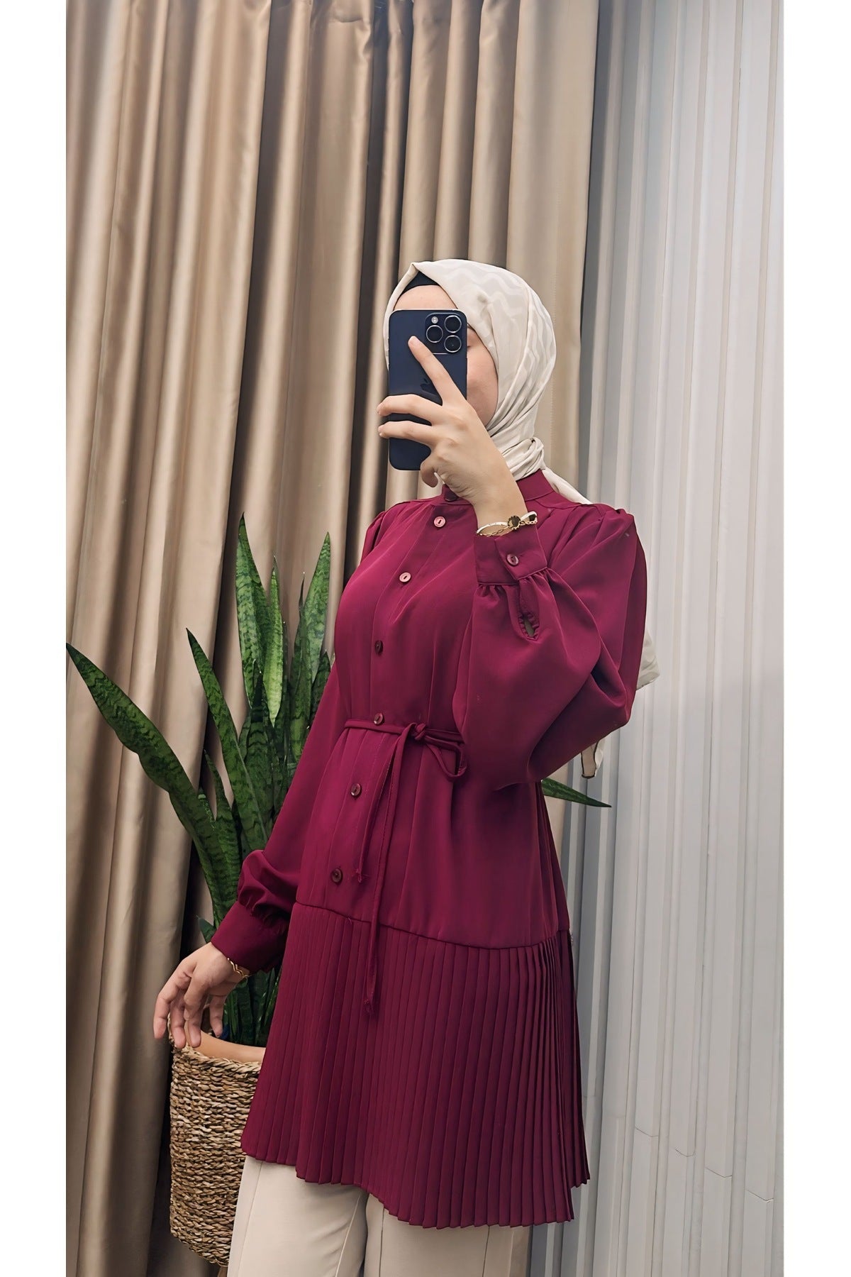 Ön Düğmeli Pliseli Tunik