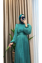 Balon Kol Ve Bel Pileli Saten Tül Abiye