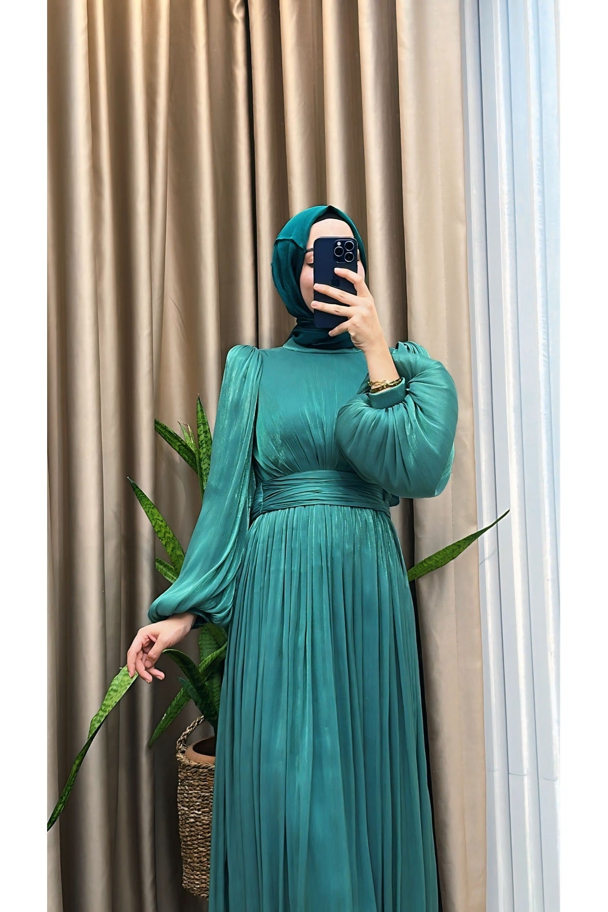 Balon Kol Ve Bel Pileli Saten Tül Abiye