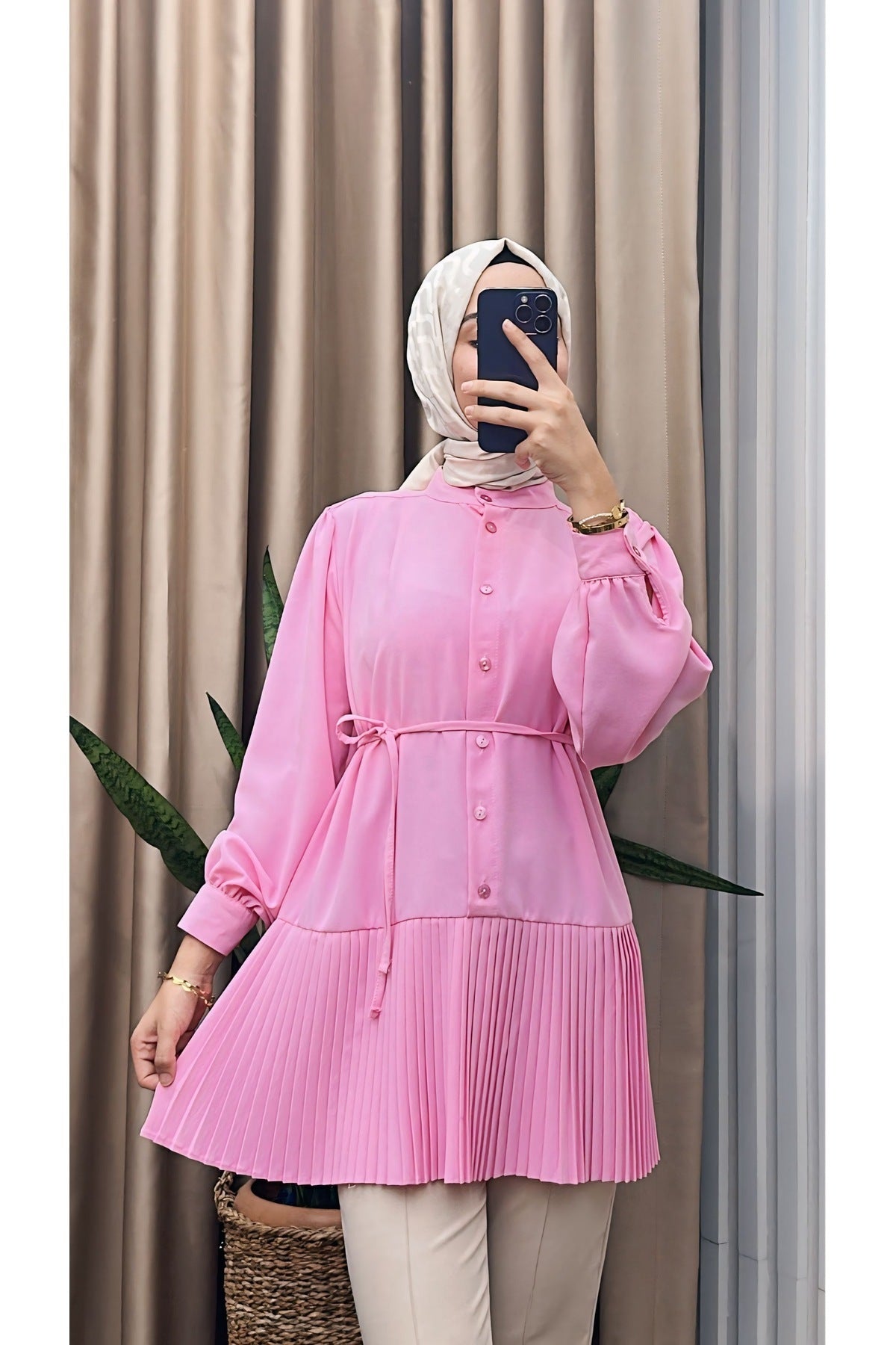 Ön Düğmeli Pliseli Tunik