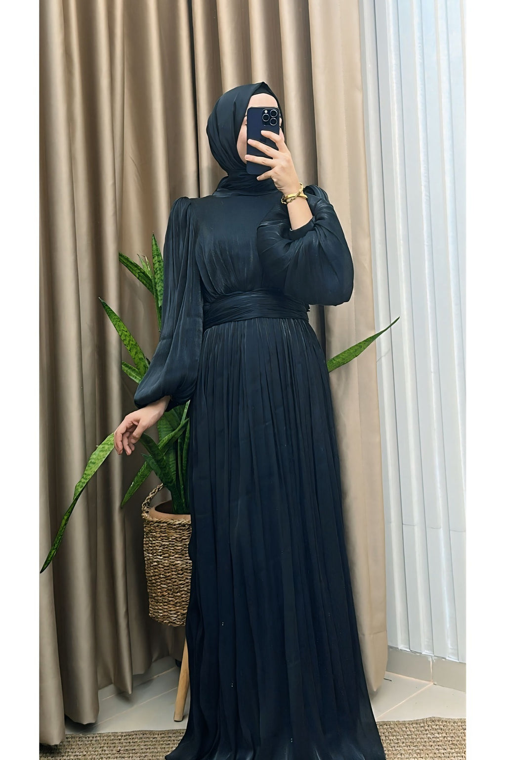 Balon Kol Ve Bel Pileli Saten Tül Abiye