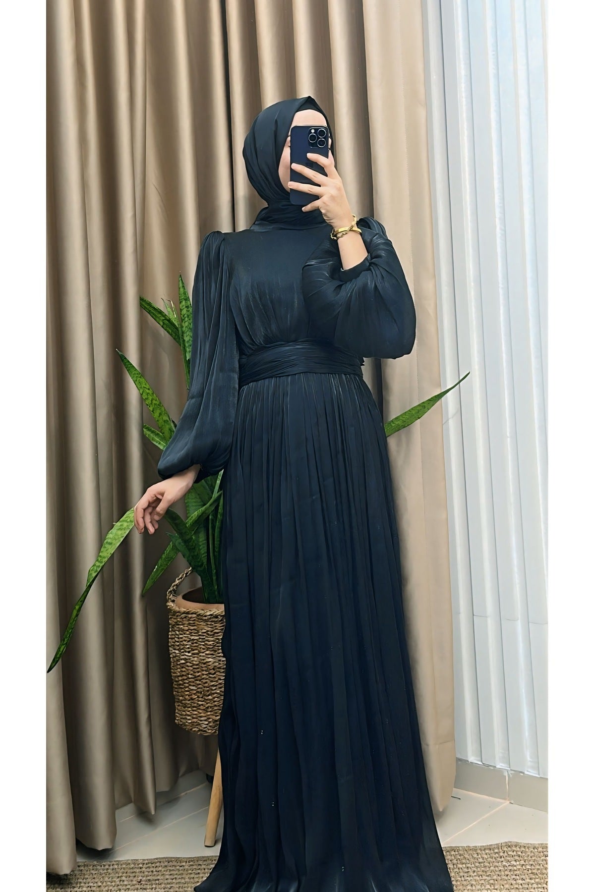 Balon Kol Ve Bel Pileli Saten Tül Abiye