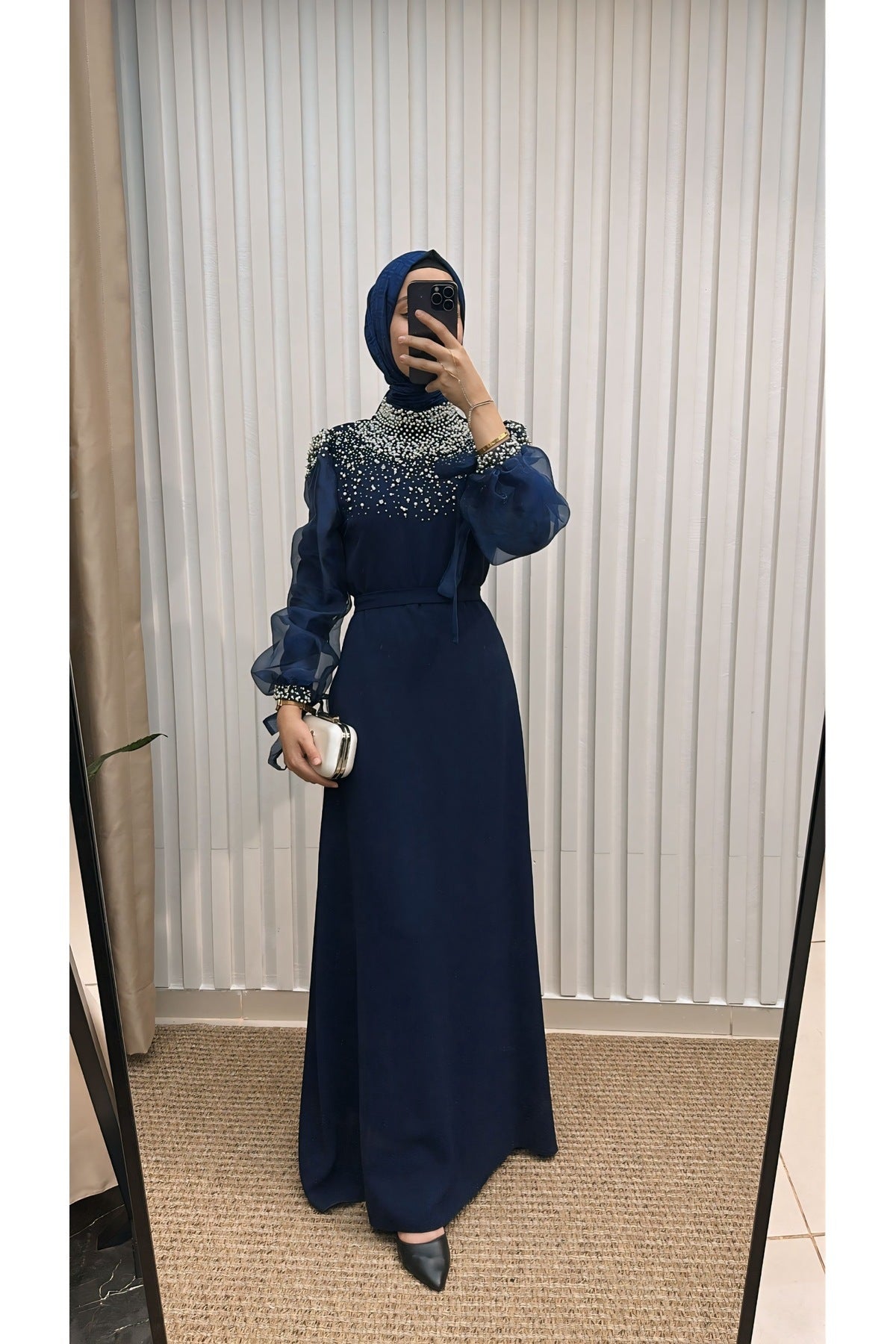 Kol Organze İnci İşlemeli Krep Abiye