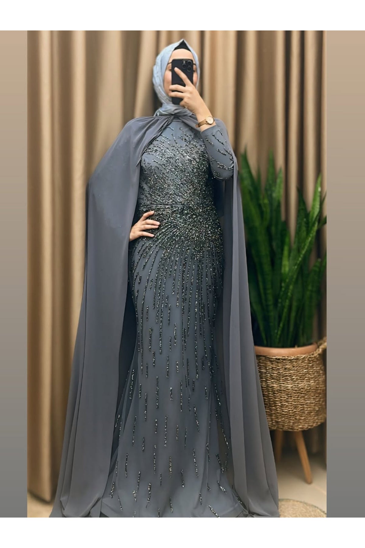 Pelerinli Taşlı Tasarım Abiye